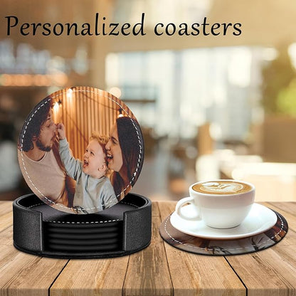 Custom Coasters Set of 6, Personalized Leather Coasters for Drinks with Holder, Customized Coasters Name, Photo, Logo for Coffee Table Bar Wine Cup Housewarming