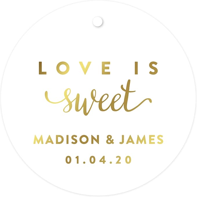 Andaz Press Personalized Round Circle Wedding Gift Tags, Metallic Gold Ink, Love is Sweet, 24-Pack, Custom Made Any Name