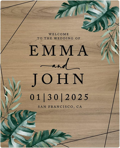 Andaz Press Large Wooden Welcome Sign for Wedding, Rustic Welcome Sign 16" x 20" Custom Names Tropical Monstera Palm Wedding Signage English Oak MDF Wood Finish Wedding Reception Indoor Outdoor Signs