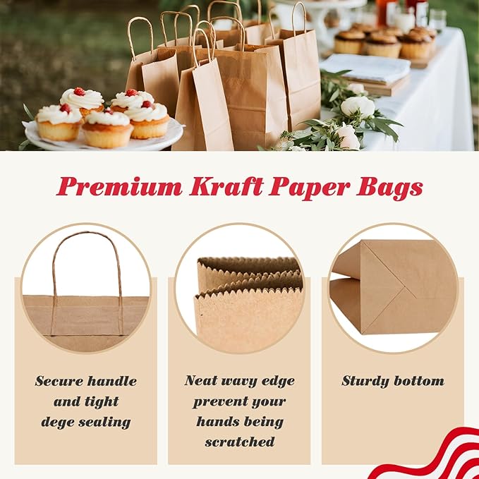 GSSUSA 200 Pack Brown Paper Bags 5.25x3.75x8 Inch Small Gift Bags with Handles Bulk, Brown Kraft Bag for Small Business, Sturdy Grocery Retail Shopping Birthday Party Favor Craft Bag