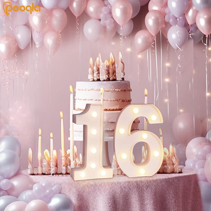 Pooqla Decorative Led Light Up Number Letters, White Plastic Marquee Number Lights Sign 16th Birthday Decorations for Girls Boys Party Wedding Decor Battery Operated Number (16)