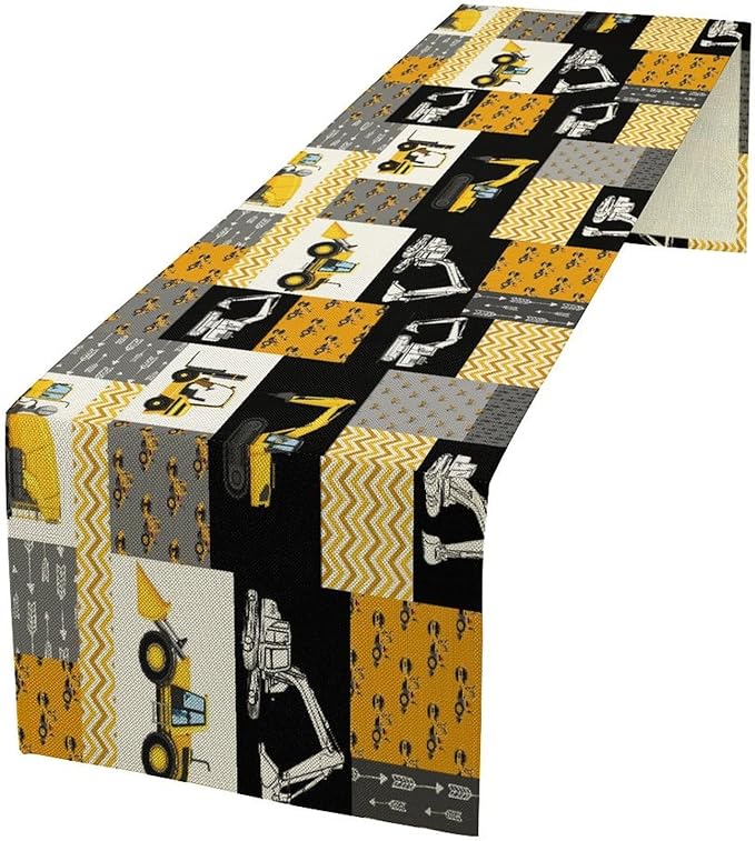 Excavator Table Runner,Boys Kids Construction Vehicles Equipment Trucks Cartoon Car Tablecloth Burlap for Hotel Indoors Outdoor Dining Room Kitchen Holiday Party, 13x108in