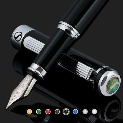 Scriveiner Black Green Fountain Pen - Stunning Luxury Pen with Chrome Finish, Schmidt Nib (Fine), Best Pen Gift Set for Men & Women, Professional, Executive, Office, Nice Pens