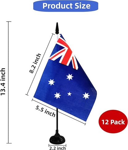 Australia Desk Flag, 12 Pack Australian Table Office Flag with Black Solid Pole and Stand Base, International Country Flag, Festival Celebration, Classroom Meeting Desktop Decor (Australia)