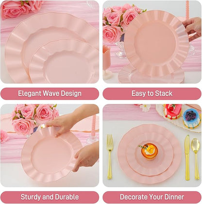 60Pcs Premium Pink Plastic Plates, Fancy Nice Disposable Plate, Elegant Wedding Plates Set include 30 10" Dinner & 30 7" Dessert Plates for Party & Wedding（30Guests