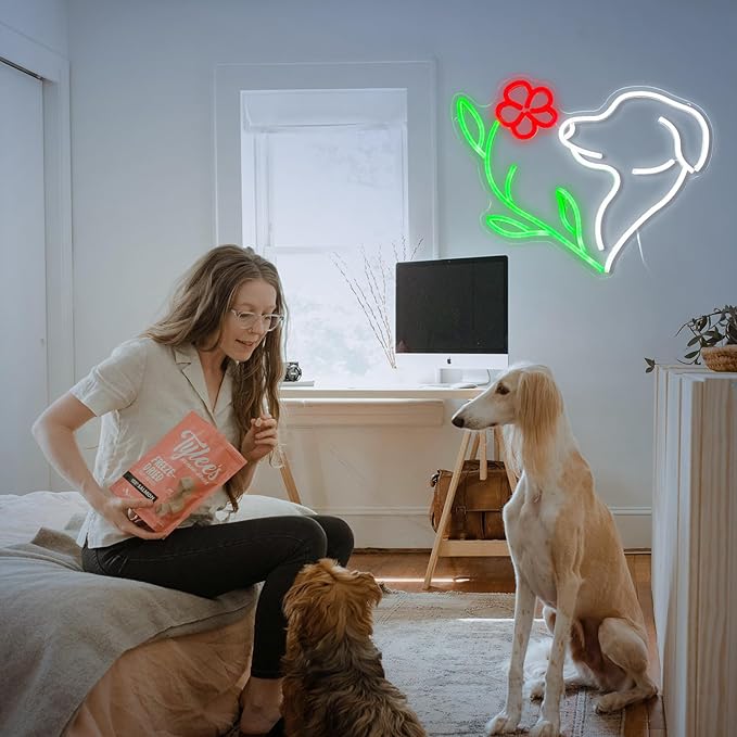Cute Dog Neon Sign LED Flower Neon Light Suitable for Wall Decor Powered by USB Dimmable Love Dog Light Up Sign for Pet Shop Flower Shop Bedroom Gifts For Lover(15.7 * 12.4In)
