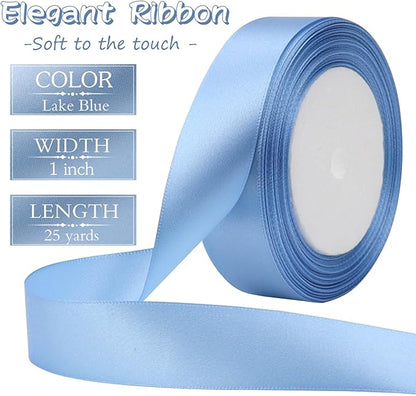 Lake blue Solid Satin Ribbon 1 Inch 25 Yards Solid Polyester Fabric Ribbon for Gift Wrapping Wedding Christmas Baby Shower Birthday Party Decoration Handmade Immortal Flower Craft