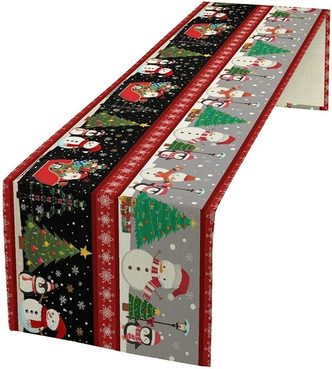 Christmas Table Runner,Cartoon Snowman Tree Xmas Deer Elk Santa Claus Print Tablecloth Burlap for Hotel Indoors Outdoor Dining Room Kitchen Home Decor,W13X L90 in