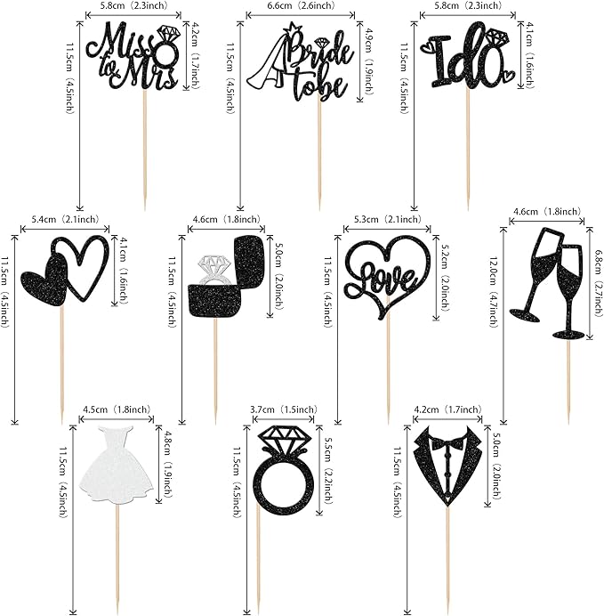 30 PCS Bride to Be Cupcake Toppers Glitter Miss to Mrs I Do Love Heart Ring Cupcake Picks Wedding Bridal Shower Cake Decorations for Wedding Engagement Bachelorette Party Supplies Black