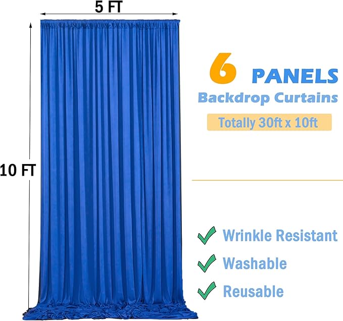 30ftx10ft Wrinkle Free Royal Blue Backdrop Curtains for Party Background, Silky Polyester Photo Backdrop Drapes 6 Panels Back Drop Cloth for Wedding Birthday Photography Baby Shower Decor