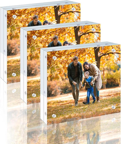 3 Pack 4x4 Acrylic Picture Frames - 20% Thicker Double Sided Magnetic Frame with UV Protection - Freestanding Clear Frameless Display for Tabletops - Modern Photo Frame Set for Home & Office Decor
