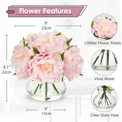 Hollyone Pink Peonies Artificial Flowers with Vase Faux Flowers Peony Fake Flowers Silk Flower Arrangements in Glass Vase with Faux Water for Home Decor Bathroom Table Centerpiece Shelf Decorations