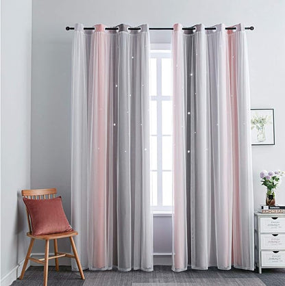 FANLI Ombre Rainbow Blackout Curtains for Kid Girls Bedroom Living Room Darking Stripe Double Layer Star Cut Out Wall Home Decor Gradient Grommet Window Curtains (Pink/Grey, 52W x 72L)