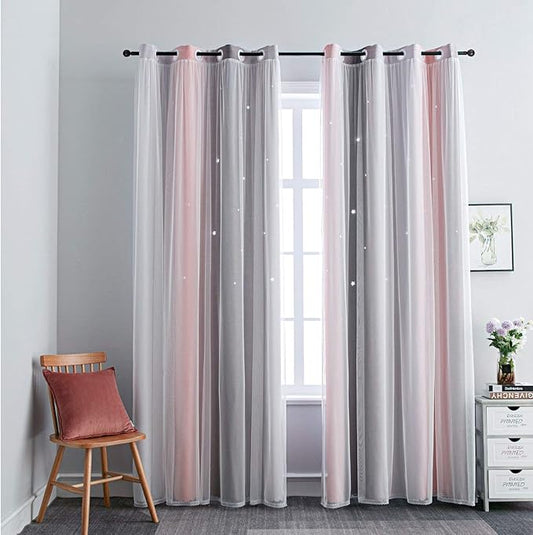 FANLI Ombre Rainbow Blackout Curtains for Kid Girls Bedroom Living Room Darking Stripe Double Layer Star Cut Out Wall Home Decor Gradient Grommet Window Curtains (Pink/Grey, 52W x 84L)