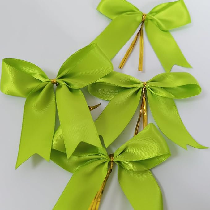 50 pcs 3-1/2" Apple Green Satin Ribbon Twist Tie Bows for Spring Gift Wrapping with Fish Tails (Lt.Green)