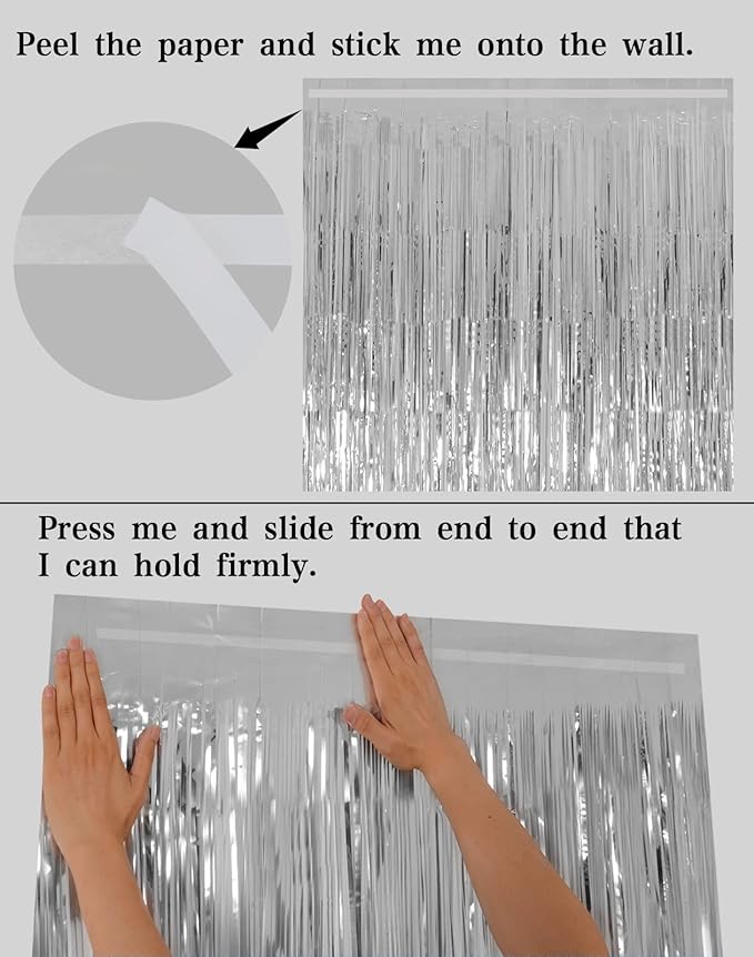Foil Fringe Curtains Party Decorations - Melsan 3 Pack 3.2 x 8.2 ft Tinsel Curtain Party Photo Backdrop for Birthday Party Baby Shower or Graduation Decorations (Pure Silver)