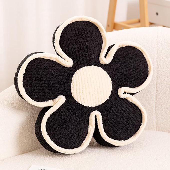 Soft Flower Shaped Floor Cushion, Plush Decorative Throw Pillow, Cute Seating Cushion, Room Decor Pillow for Sofa Couch Bed (13.7 Inch, Black)
