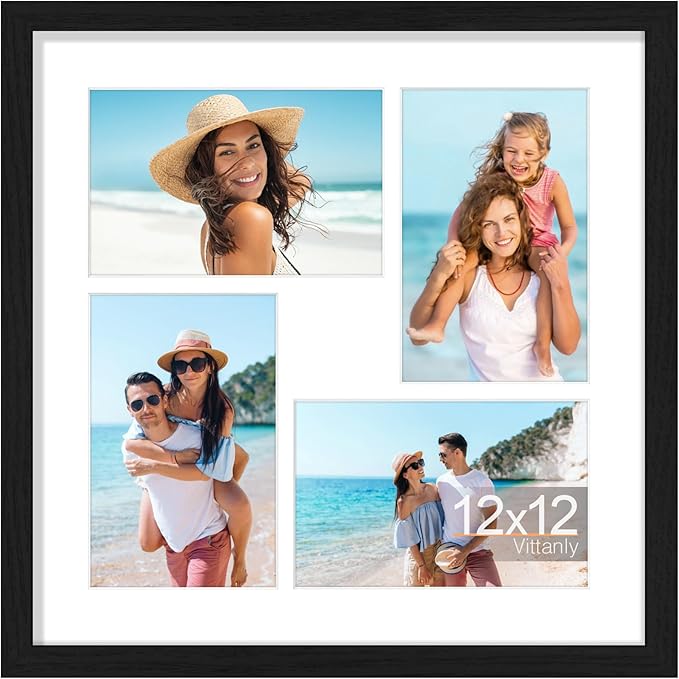 Vittanly 12x12 Collage Picture Frame, Displays 4Pcs 4x6 Pictures with Mat, Picture Frames Collage Wall Decor for Horizontal or Vertical Display, Black, 1 Pack