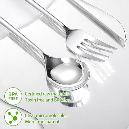 SUT 600PCS Heavy Duty Disposable Silverware - Includes 200 Knives, Forks and Spoons - Silver Plastic Utensils Set for Party/Wedding