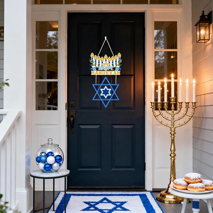 CHDITB Happy Hanukkah Shalom Front Door Sign(12"x20"), Wooden Jewish Festival of Light Blue Menorah Star of David Decoration Wall Hanging, Farmhouse Rustic Chanukah Judaism Christmas Winter Holiday Thanksgiving Gifts Decor for Home Party