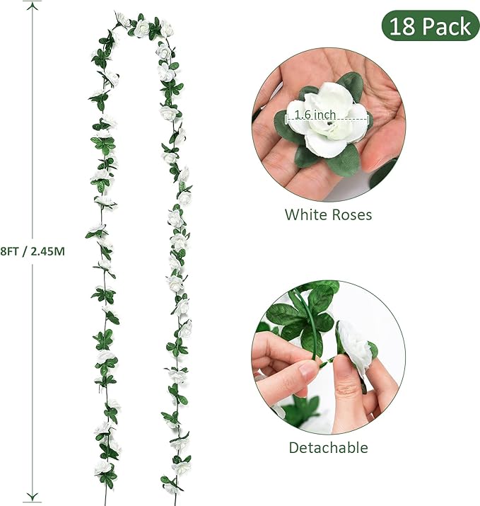 KHOYIME 18 Pack 144 FT Artificial Flower Garland, Fake White Roses Vines Silk Flowers Faux Plastic Outdoor Hanging Floral Ivy Garland Decoration for Wedding Arch Bedroom Home Wall Backdrop Room Decor