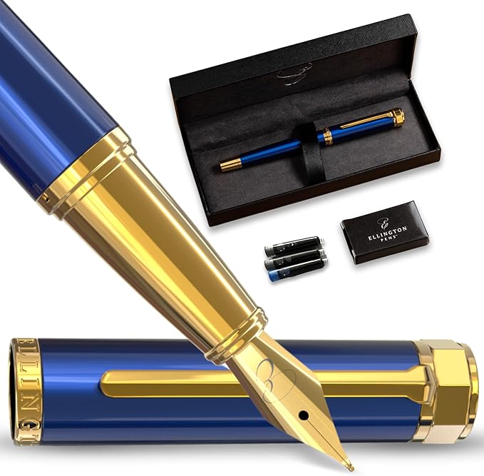 Ellington Pens Luxury Fountain Pen Set- Fountain Pens for Writing - Smooth Extra Fine Nib - Includes Refillable Ink Converter, 3 Ink Cartridges [Black & Blue], Gift Box - Elegant Calligraphy