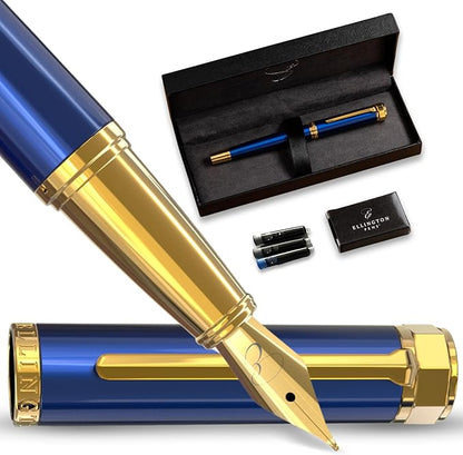Ellington Pens Luxury Fountain Pen Set- Fountain Pens for Writing - Smooth Extra Fine Nib - Includes Refillable Ink Converter, 3 Ink Cartridges [Black & Blue], Gift Box - Elegant Calligraphy