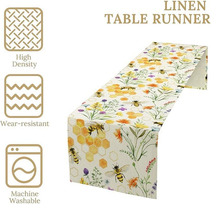 Summer Bee Table Runner, Seasonal Spring Wildflowers Bee Yellow Honeycombs Farmhouse Table Runner for Kitchen Dining Table Home Party Decor, 13x36inch