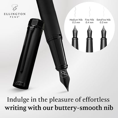 Ellington Pen Luxury Fountain Pen Set - Fountain Pens For Writing - Smooth Medium Nib - Includes Refillable Ink Converter, 3 Ink Cartridges, Gift Box - Calligraphy, Journaling, Sketching (The Stealth)