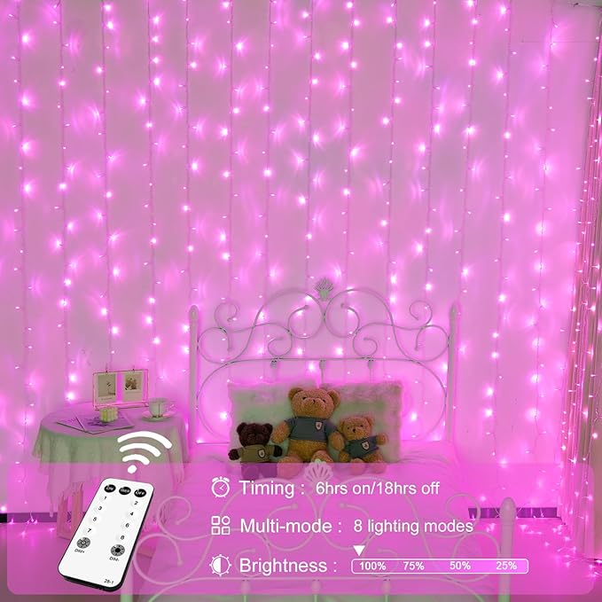 JMEXSUSS 300 LED Curtain Lights Plug in with Remote, 9.8X9.8FT Pink Christmas Lights Indoor, 8 Modes Pink String Lights for Bedroom Window Wall Party Backdrop Xmas Valentine Decorations