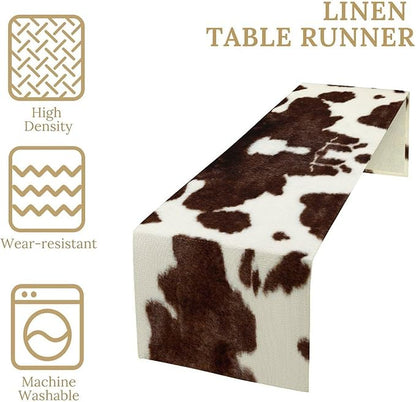 Cow Skin Print Table Runner, Safari Wildlife Brown Country Farm Cowhide Pattern Cotton Linen Rustic Cottage Table Runner for Dinning Home Party Holidays Home Setting, 13x60 Inch