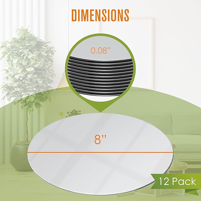 Houseables Mirror Centerpieces for Tables, Round Mirrors for Centerpieces, Mirrored Trays, Round Table Plate Tray, Circle, Glass Charger, Wedding, Center Piece, Small, Base, Candle, 8 Inch, 12 Pack