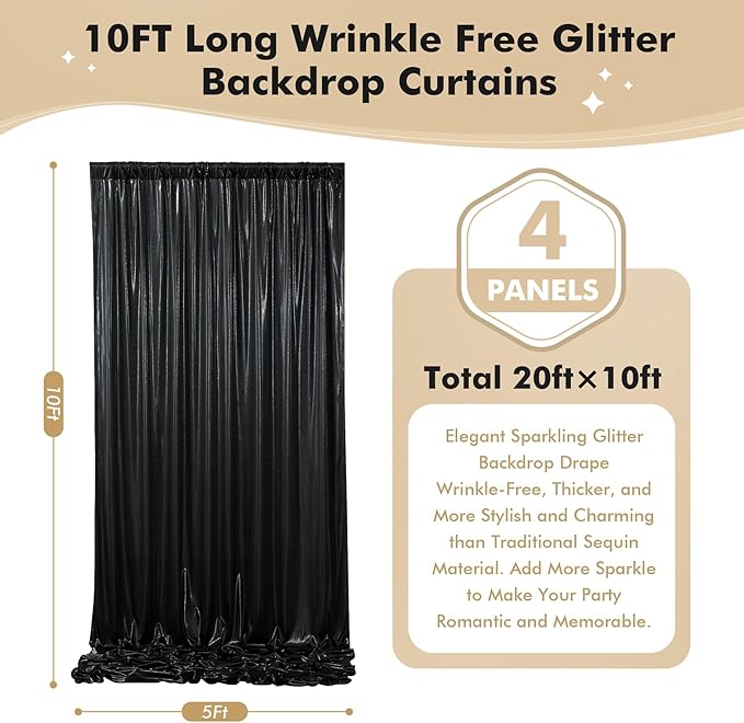 20ftx10 ft Black Glitter Sequin Backdrop Curtain for Parties, Wrinkle Free Sparking Backdrop Drapes, 4 Panels 5x10ft Shimmer Photo Back Drop Cloth for Wedding Birthday Photography Background