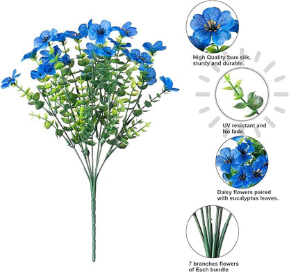 HyeFlora Artificial Flowers for Outdoor Indoor Garden Home Decoration, Faux Flower Daisy with Eucalyptus Leaves Fake Plants Greenery Boxwood Porch Patio, 12 Bundles (Blue)