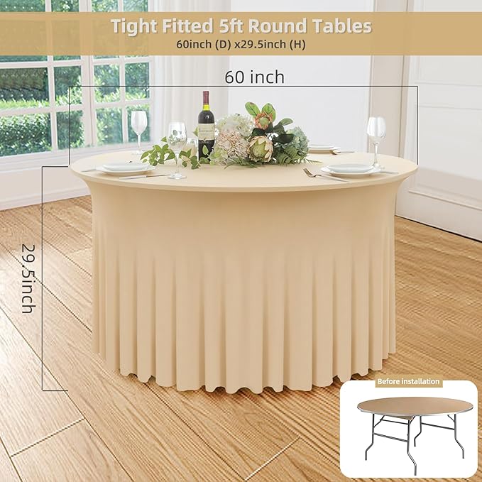 6 Pack Champagne Round Spandex Tablecloth 60 Inch, Wrinkle Free Stretch 120 Inch Fitted 5ft Champagne Table Cloths Round Table Covers with Ruffle Skirt for Party Wedding Banquet