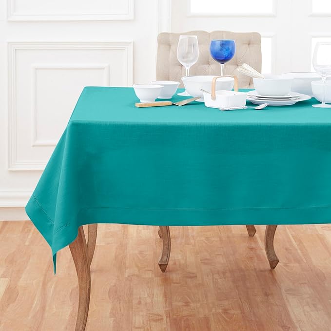 Solino Home Linen Tablecloth 60 x 144 Inch - Classic Hemstitch 100% Pure Linen Teal Table Cloth for Rectangle Tables - Machine Washable Tablecloth for Fall, Autumn