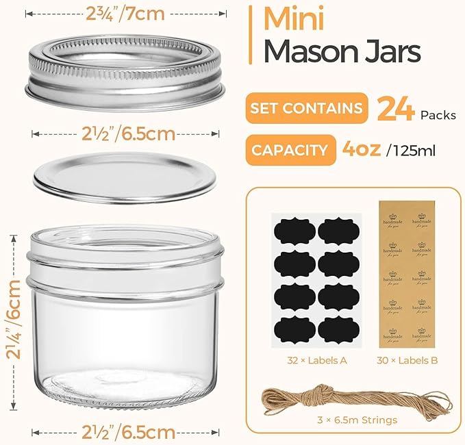 ComSaf Small Regular Mouth Mason Jars 4 oz, 24 Pcs Mini Mason Containers, Small Canning Jars, 4 oz Glass Jar with Lids for Mustards, Dipping Sauces, Jelly, DIY Candle Decor, Wedding Shower Favors