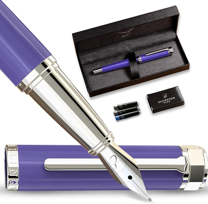 Ellington Pens Luxury Fountain Pen Set- Fountain Pens for Writing - Smooth Medium Nib - Includes Refillable Ink Converter, 3 Ink Cartridges [Black & Blue], Gift Box - Elegant Calligraphy