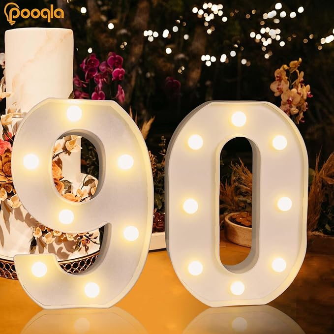 Pooqla Decorative LED Light Up Number Letters, White Plastic Marquee Number Lights Sign for 90th Birthday Party Wedding Decor, Battery Operated