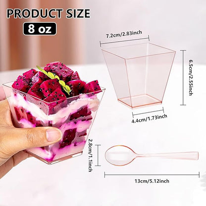 YOUBET 102 PCS Plastic Dessert Cups - 8oz Pink Clear Square Cups - 51 Pack Mini Appetizer Cup with Pink Tasting Spoons for Pudding, Fruit, Yogurt Parfait and Ice Cream