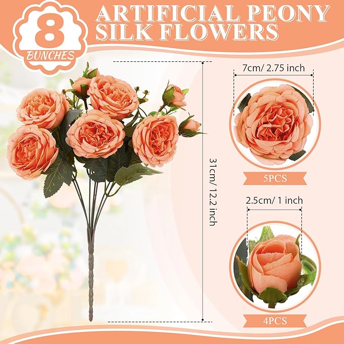 8 Bundles Artificial Peonies Flowers Boho Faux Flowers Arrangements Artificial Centerpiece Spring Bouquet Floral Wedding Decoration for Vase(Orange)