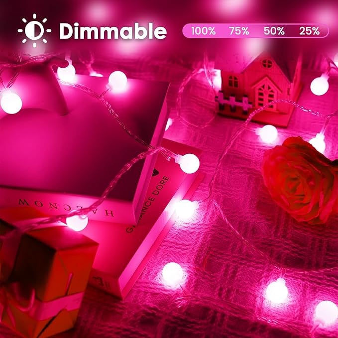 100LED Pink String Lights Outdoor Indoor for bedroom, 43FT Connectable Globe String Lights with Timer, 13 Modes Fairy Light Plug in Waterproof for Anniversary Valentines Party Christmas Decorations