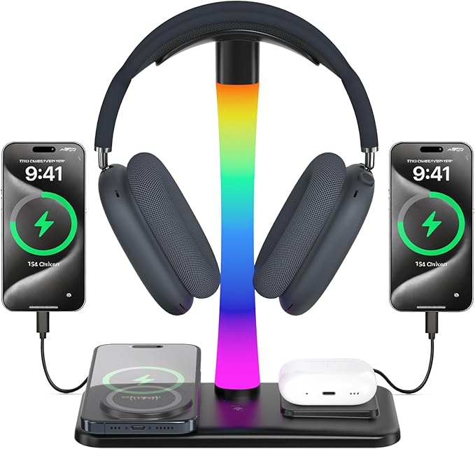 Headphone Stand with Wireless Charger,Gaming HeadsetStand with RGB Light Mode,AirpodMaxStand Compatible with Airpod Pro/3/2,iPhone 16/15/14/13/12/11,Samsung,Gifts for Gamers and Music Lover