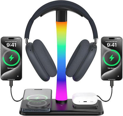 Headphone Stand with Wireless Charger,Gaming HeadsetStand with RGB Light Mode,AirpodMaxStand Compatible with Airpod Pro/3/2,iPhone 16/15/14/13/12/11,Samsung,Gifts for Gamers and Music Lover