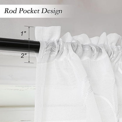 VISIONTEX White Sheer Voile Curtains, Decorative Leaves Embroidery Faux Linen Rod Pocket Window Drapes for Home Kitchen, Living Room and Bedroom 26 x 36 Inch, Set of 2 Curtain Panels
