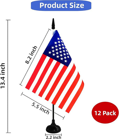 America USA Desk Flag, 12 Pack American Table Office Flag with Black Solid Pole and Stand Base, International Country Flag, 4th of July, Classroom Meeting Desktop Decor (USA)
