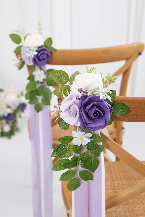 10 Wedding Aisle Decorations for Ceremony - Purple Chair Flowers for Aisle Decor and Church Pew Decorations