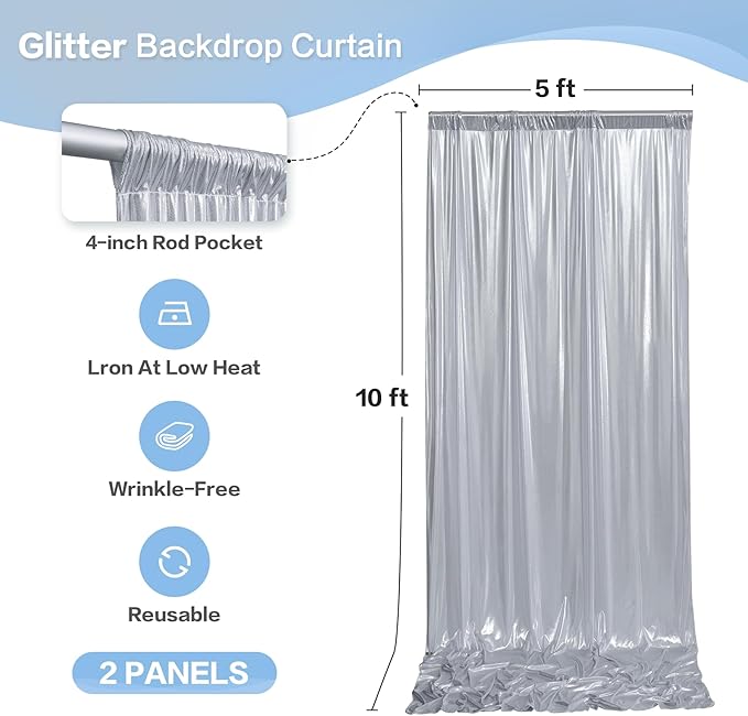 gogoparti 10x10FT Silver Sequin Backdrop Curtain - 2 Panels of 5x10FT Wrinkle-Free Glitter Drapes for Photography, Birthdays, Weddings & Graduations