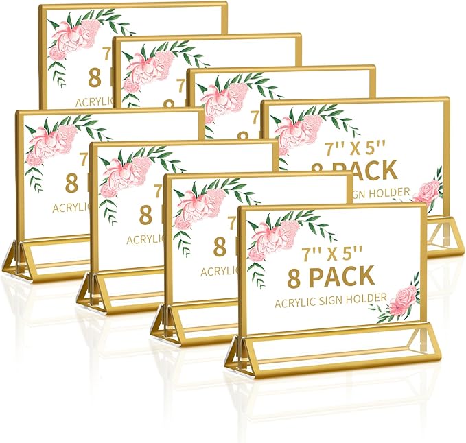 Smarpau 7x5 Gold Acrylic Sign Holder, 8 Pack Double Sided Holders Menu Holder for Wedding Party, Picture Frames Stands, Flyer Stand, Paper Display Stand Table Number Holders for Cafe, Restaurant