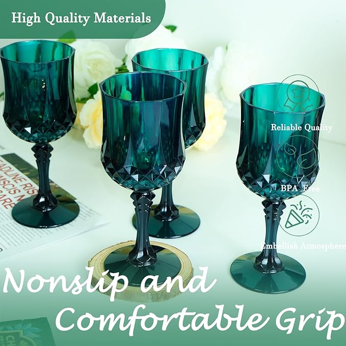 Plastic Wine Glasses，Plastic Goblets Vintage Style Cordial Drinking Glasses for Wedding Reception, Christmas Grand Event Party Supplies (12, Green)
